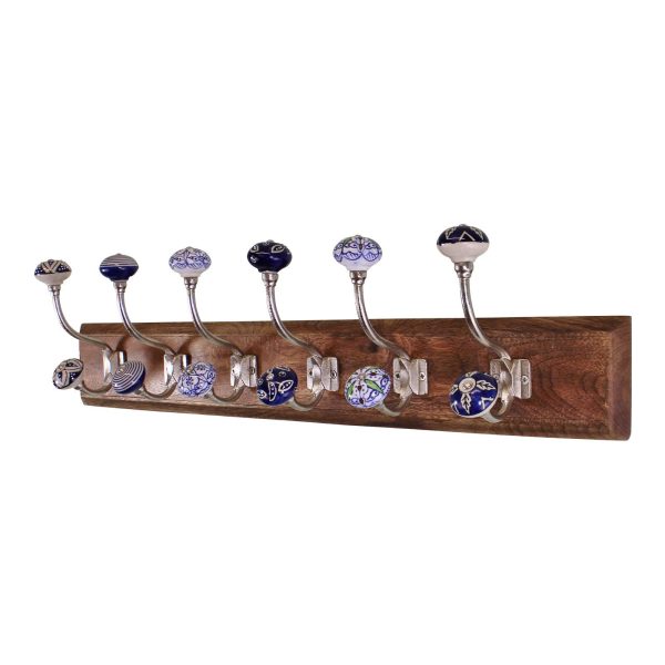 6 Double Ceramic Blue & White Coat Hooks On Wooden Base - Image 3
