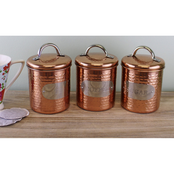 Hammered Copper Set of 3 Tea, Coffee & Sugar Canisters - Image 2