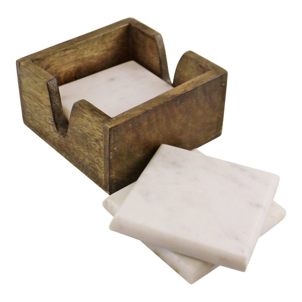 Set of 4 High Quality Marble Coasters In A Mango Wood Holder - Image 3