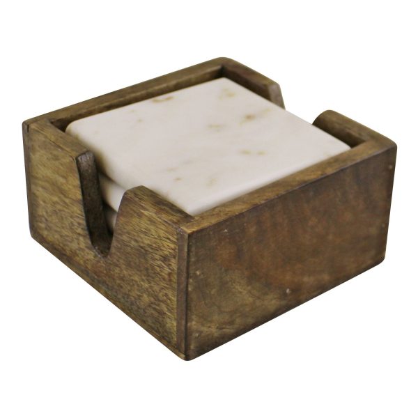 Set of 4 High Quality Marble Coasters In A Mango Wood Holder - Image 4