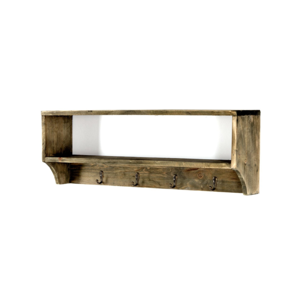 Wooden Wall Shelf with 4 Hooks 54 x 10 x 18 cm - Image 3
