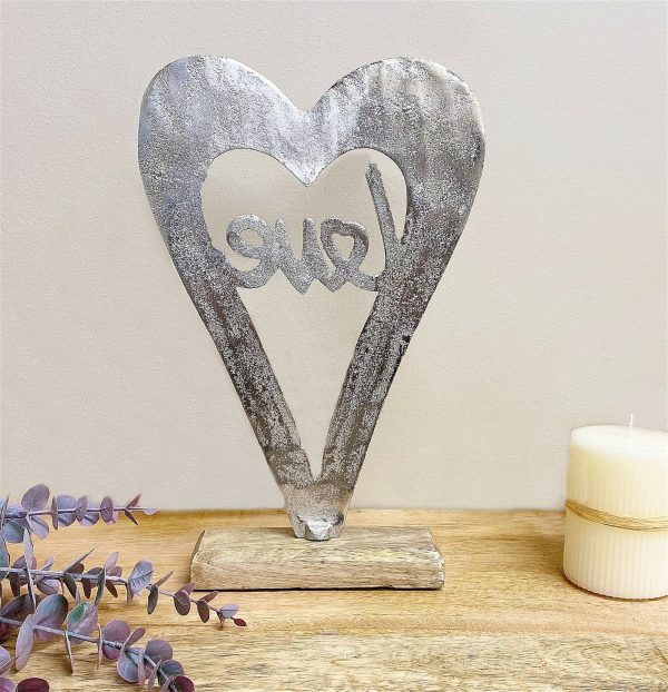 Metal Silver Heart Love On A Wooden Base Large - Image 3