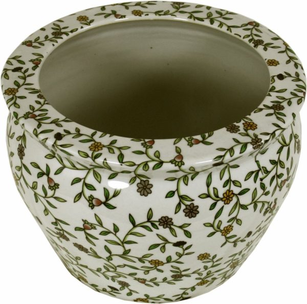 Ceramic Planter, Vintage Green & White Floral Design - Image 2