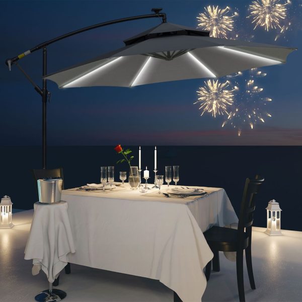 Outsunny 3(m) Cantilever Parasol Hanging Banana Umbrella w/ lights, Grey - Image 2