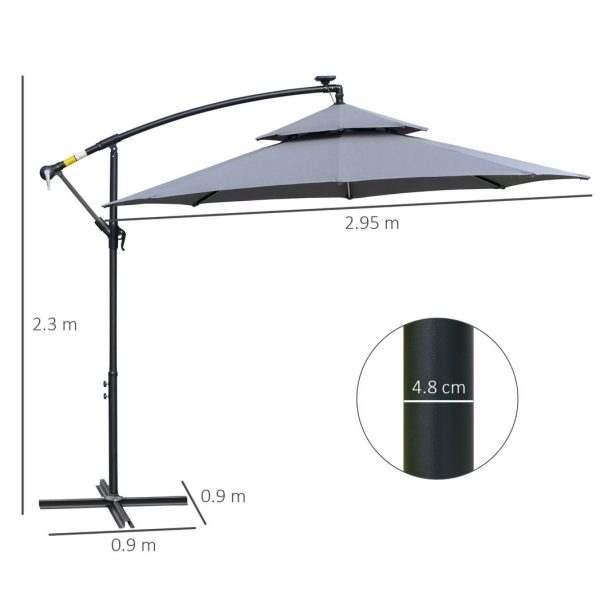 Outsunny 3(m) Cantilever Parasol Hanging Banana Umbrella w/ lights, Grey - Image 3