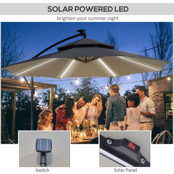 Outsunny 3(m) Cantilever Parasol Hanging Banana Umbrella w/ lights, Grey - Image 4