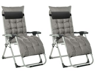 Outsunny 2 PCS Reclining Zero Gravity Chair Folding Lounger Cushion Dark Grey