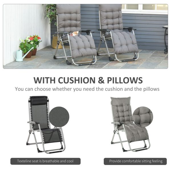 Outsunny 2 PCS Reclining Zero Gravity Chair Folding Lounger Cushion Dark Grey - Image 4