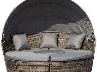 Outsunny 5 PCs Cushioned Outdoor Plastic Rattan Round Sofa Bed Table Set Grey
