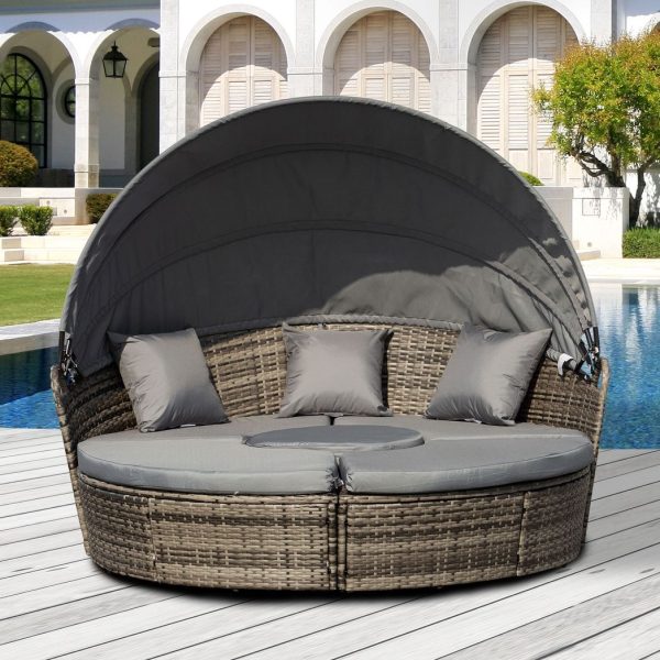 Outsunny 5 PCs Cushioned Outdoor Plastic Rattan Round Sofa Bed Table Set Grey - Image 2