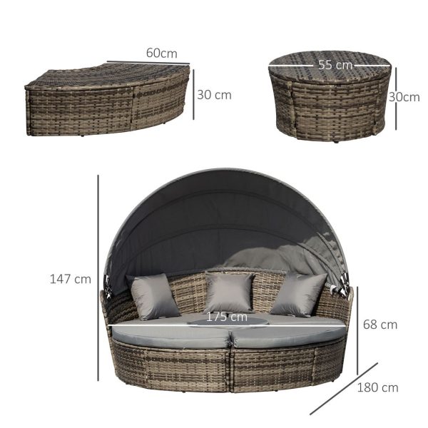 Outsunny 5 PCs Cushioned Outdoor Plastic Rattan Round Sofa Bed Table Set Grey - Image 3