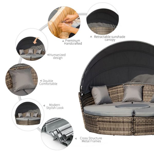 Outsunny 5 PCs Cushioned Outdoor Plastic Rattan Round Sofa Bed Table Set Grey - Image 5