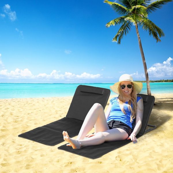 Outsunny 2 Pieces Outdoor Beach Mat Steel Reclining Chair Set w/ Pillow Black - Image 2