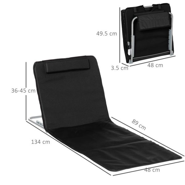 Outsunny 2 Pieces Outdoor Beach Mat Steel Reclining Chair Set w/ Pillow Black - Image 3