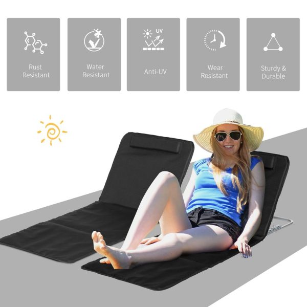 Outsunny 2 Pieces Outdoor Beach Mat Steel Reclining Chair Set w/ Pillow Black - Image 4