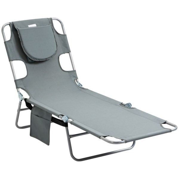 Outsunny Beach Chaise Lounge Portable Adjustable Backrest with Face Cavity Grey