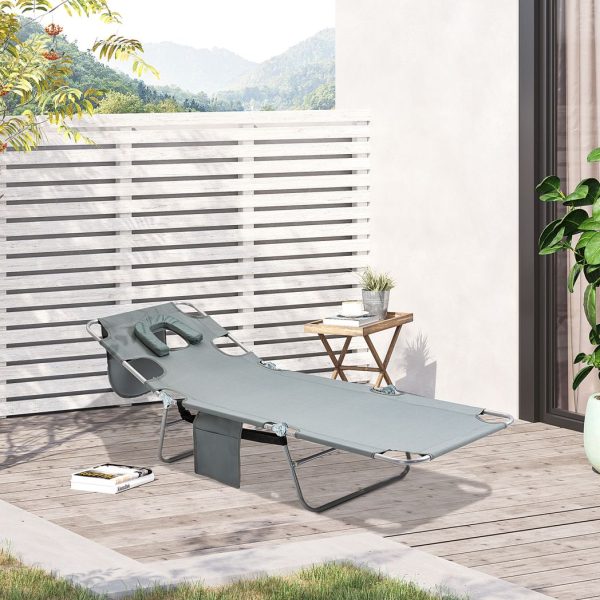 Outsunny Beach Chaise Lounge Portable Adjustable Backrest with Face Cavity Grey - Image 2