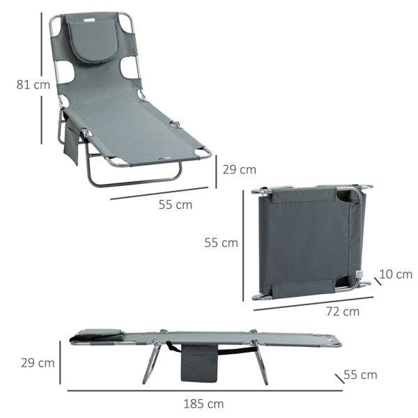Outsunny Beach Chaise Lounge Portable Adjustable Backrest with Face Cavity Grey - Image 3