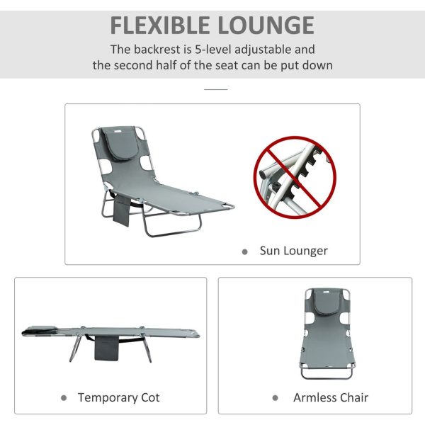 Outsunny Beach Chaise Lounge Portable Adjustable Backrest with Face Cavity Grey - Image 4