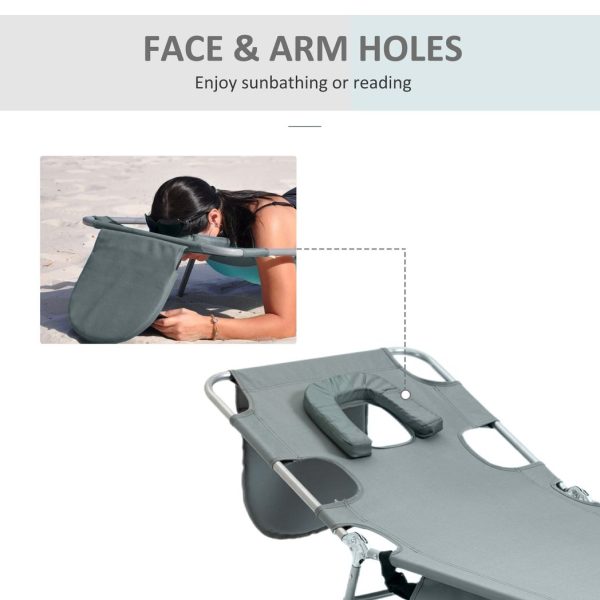 Outsunny Beach Chaise Lounge Portable Adjustable Backrest with Face Cavity Grey - Image 5
