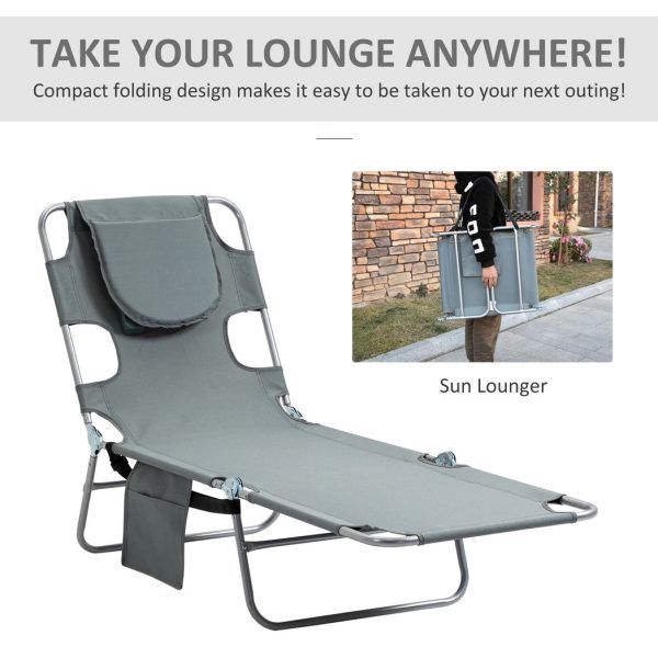 Outsunny Beach Chaise Lounge Portable Adjustable Backrest with Face Cavity Grey - Image 7