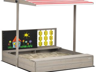 Outsunny Kids Wooden Sandpit, Sandbox w/ Canopy, Seats, for Gardens - Grey
