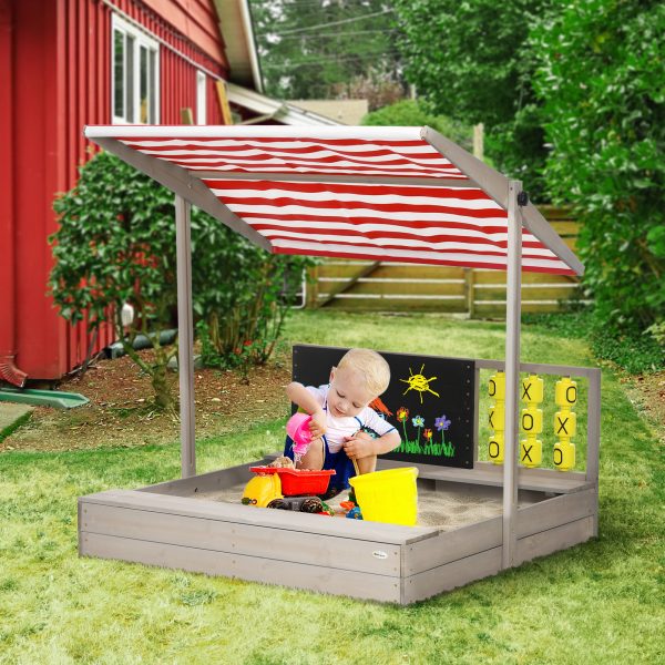 Outsunny Kids Wooden Sandpit, Sandbox w/ Canopy, Seats, for Gardens - Grey - Image 2