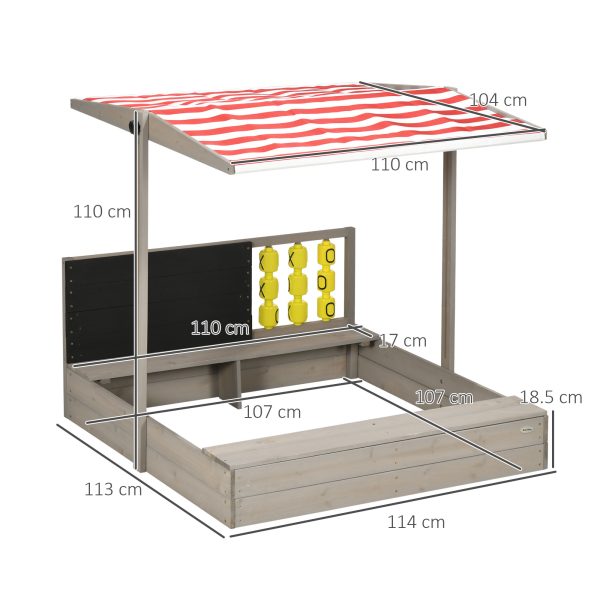 Outsunny Kids Wooden Sandpit, Sandbox w/ Canopy, Seats, for Gardens - Grey - Image 3