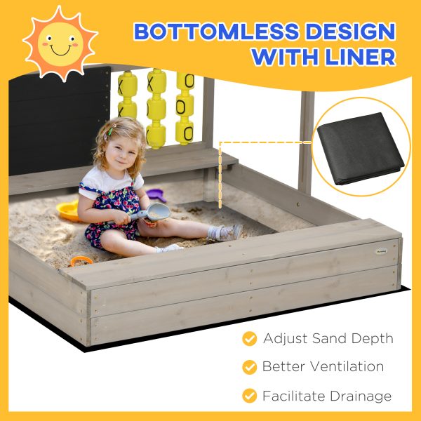 Outsunny Kids Wooden Sandpit, Sandbox w/ Canopy, Seats, for Gardens - Grey - Image 4