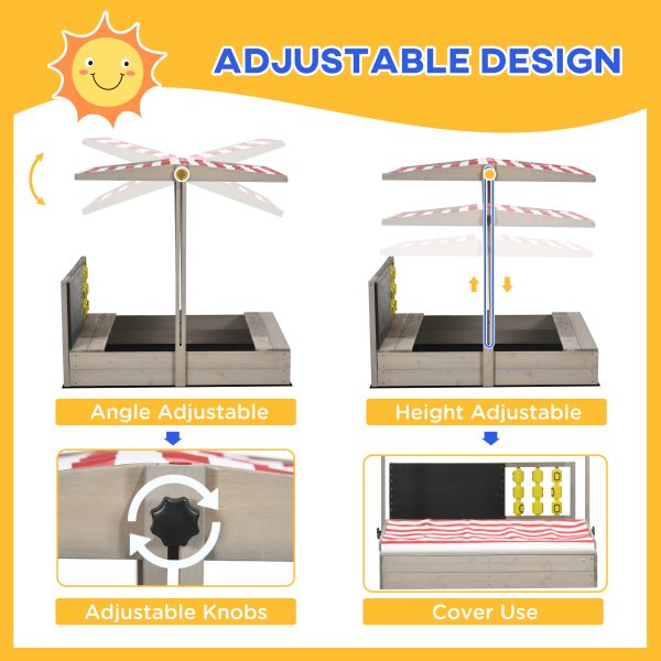 Outsunny Kids Wooden Sandpit, Sandbox w/ Canopy, Seats, for Gardens - Grey - Image 5