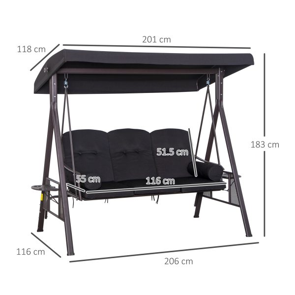 Outsunny 3 Seater Garden Swing Chair Patio Swing Bench w/ Cup Trays Black - Image 3