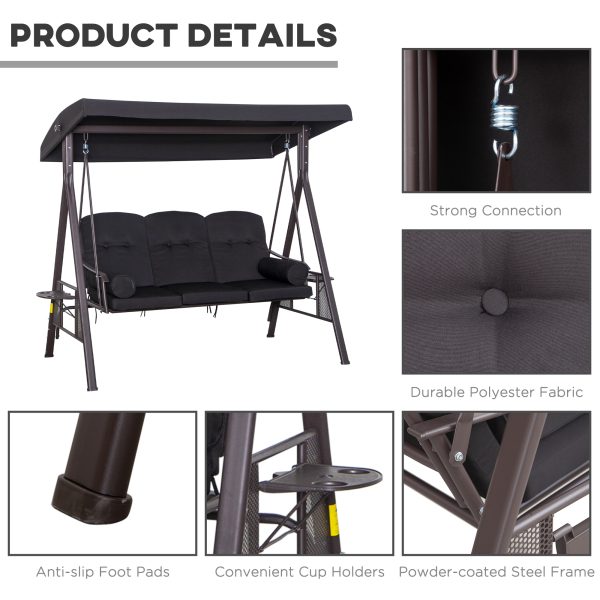 Outsunny 3 Seater Garden Swing Chair Patio Swing Bench w/ Cup Trays Black - Image 5