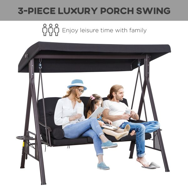 Outsunny 3 Seater Garden Swing Chair Patio Swing Bench w/ Cup Trays Black - Image 7