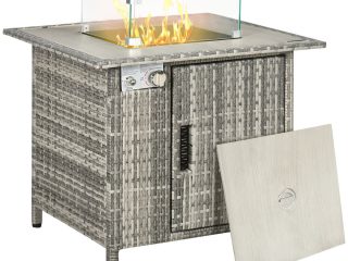 Outsunny Gas Fire Pit Table w/ Rain Cover, Windscreen & Lava Stone, 50,000 BTU