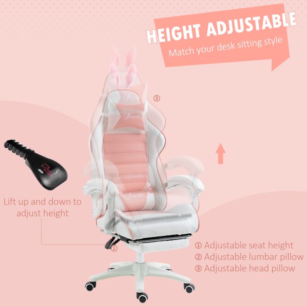 Vinsetto Racing Style Gaming Chair with Footrest Removable Rabbit Ears, Pink - Image 5