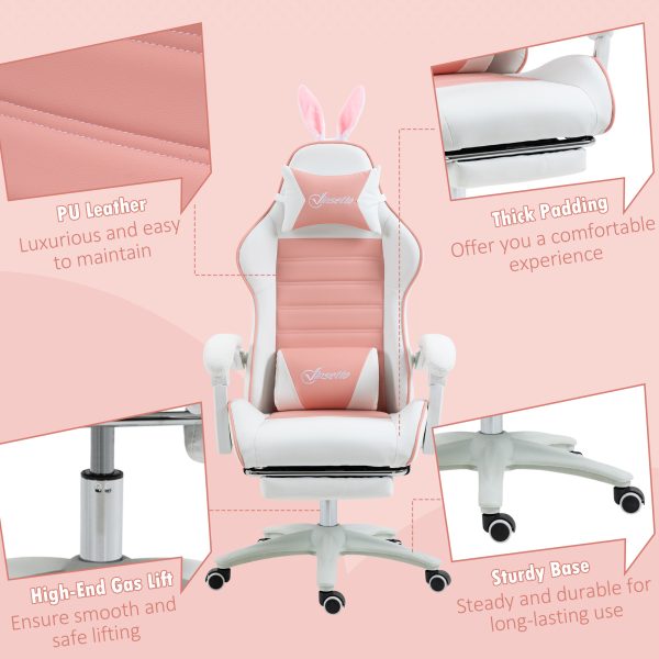 Vinsetto Racing Style Gaming Chair with Footrest Removable Rabbit Ears, Pink - Image 8