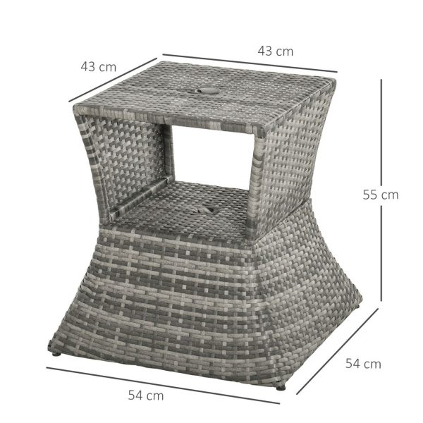 Outsunny Rattan Wicker Tea Coffee Table w/ Umbrella Hole and Storage Space Grey - Image 3