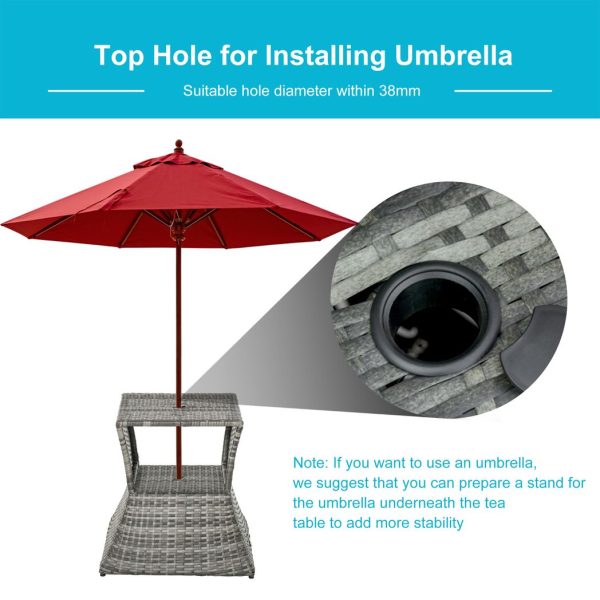 Outsunny Rattan Wicker Tea Coffee Table w/ Umbrella Hole and Storage Space Grey - Image 5