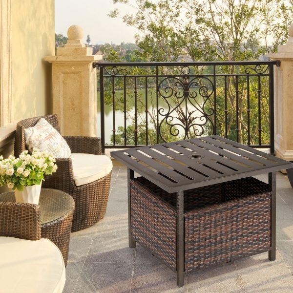 Outsunny Outdoor Rattan Coffee Table w/ Umbrella Hole Fit for Garden Backyard - Image 2