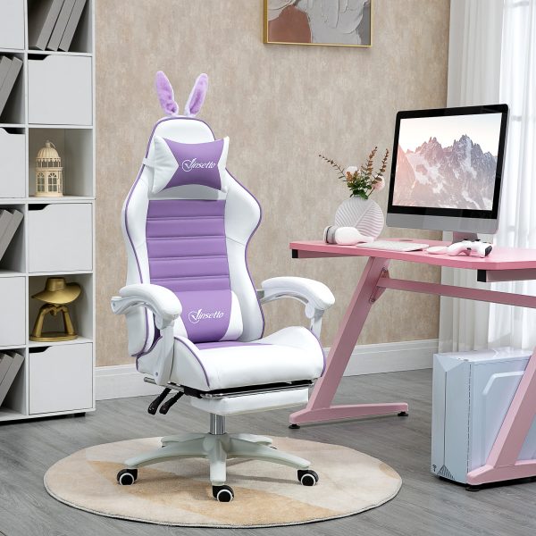 Vinsetto Racing Style Gaming Chair with Footrest Removable Rabbit Ears, Purple - Image 2