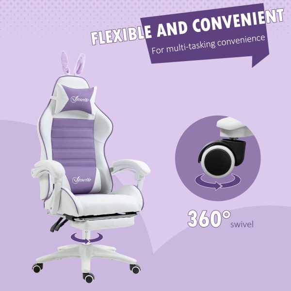 Vinsetto Racing Style Gaming Chair with Footrest Removable Rabbit Ears, Purple - Image 7