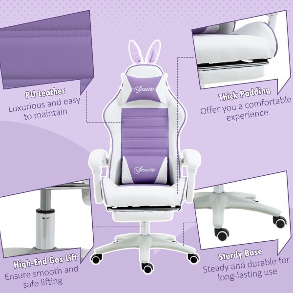 Vinsetto Racing Style Gaming Chair with Footrest Removable Rabbit Ears, Purple - Image 8