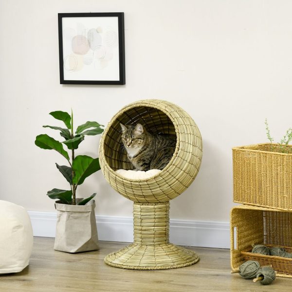 PawHut Raised Cat House, Natural Mat Grass Cat Bed w/ Stand Cushion, 41x 69 cm - Image 2