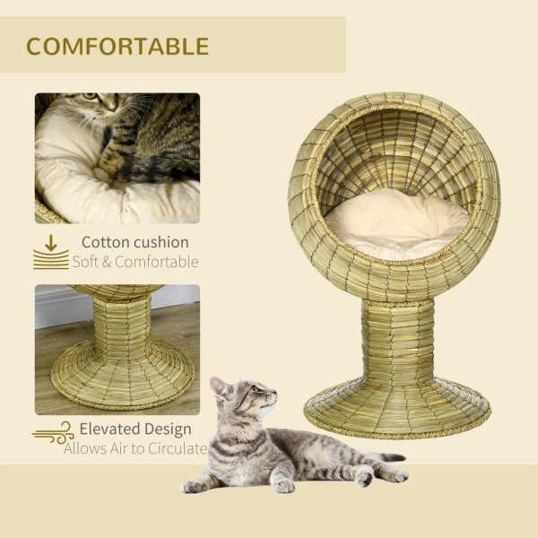 PawHut Raised Cat House, Natural Mat Grass Cat Bed w/ Stand Cushion, 41x 69 cm - Image 5