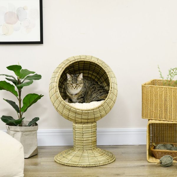 PawHut Raised Cat House, Natural Mat Grass Cat Bed w/ Stand Cushion, 41x 69 cm - Image 7