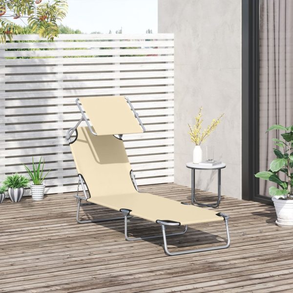 Outsunny Folding Chair Sun Lounger w/ Sunshade Garden Recliner Hammock Beige - Image 2