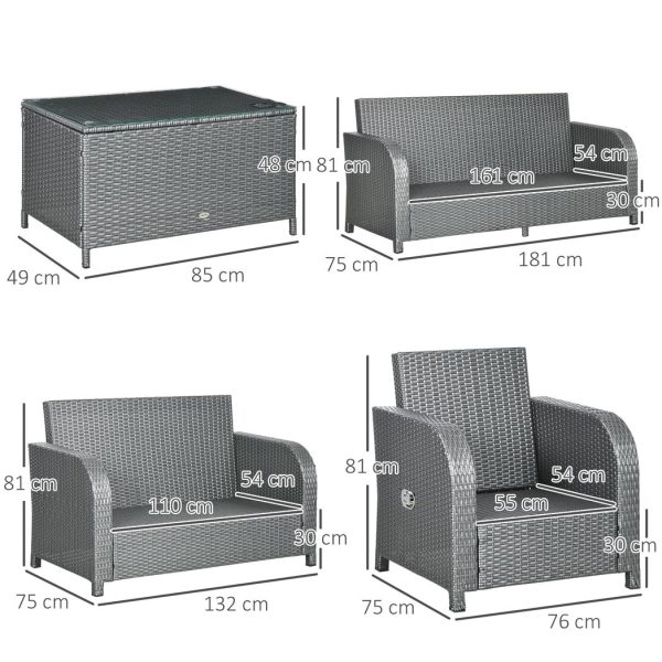 Outsunny 6 Piece Rattan Garden Furniture Set with Sofa, Glass Table, Grey - Image 3