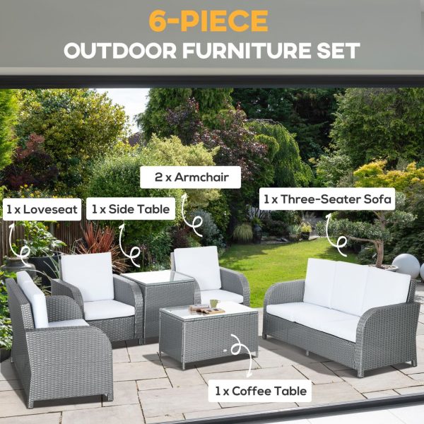 Outsunny 6 Piece Rattan Garden Furniture Set with Sofa, Glass Table, Grey - Image 4