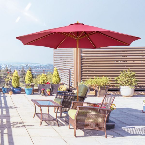 Outsunny 3m Fir Wooden Garden Parasol Sun Shade Outdoor Umbrella Canopy Wine Red - Image 2