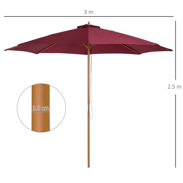 Outsunny 3m Fir Wooden Garden Parasol Sun Shade Outdoor Umbrella Canopy Wine Red - Image 3